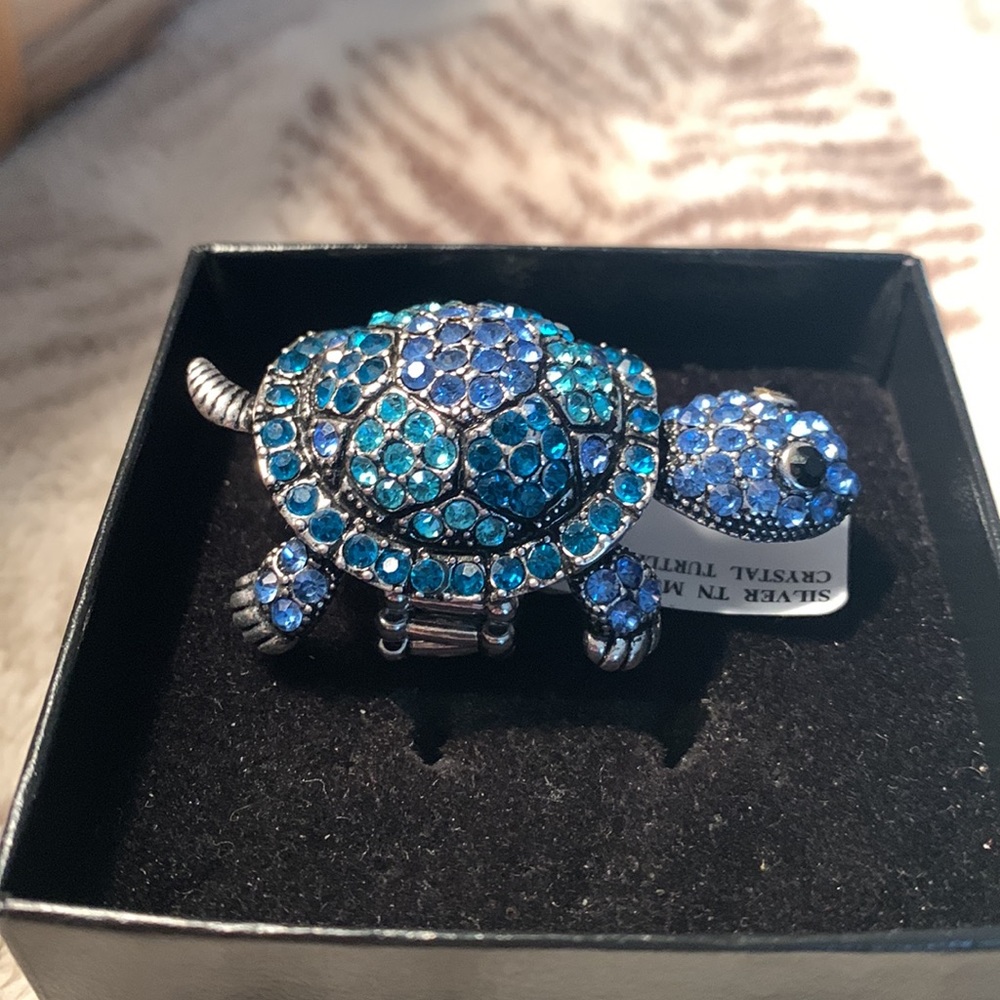 Blue Green Crystal Turtle Statement Ring - Elasti… - image 4